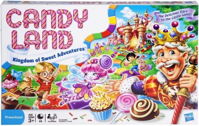 Kotak permainan papan Candy Land, menampilkan desain cerah dan penuh warna yang menggambarkan dunia permen