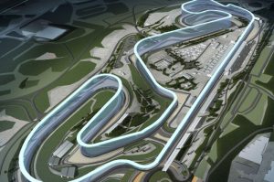 Ilustrasi desain sirkuit F1 modern dengan jalur balap berliku dan area paddock di sekitarnya, dirancang untuk kecepatan dan strategi balapan