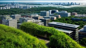 Desain gedung ramah lingkungan dengan atap hijau dan taman vertikal untuk keberlanjutan