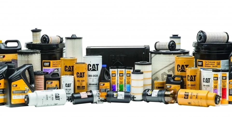 spare parts Caterpillar seperti filter, oli, dan komponen mesin alat berat